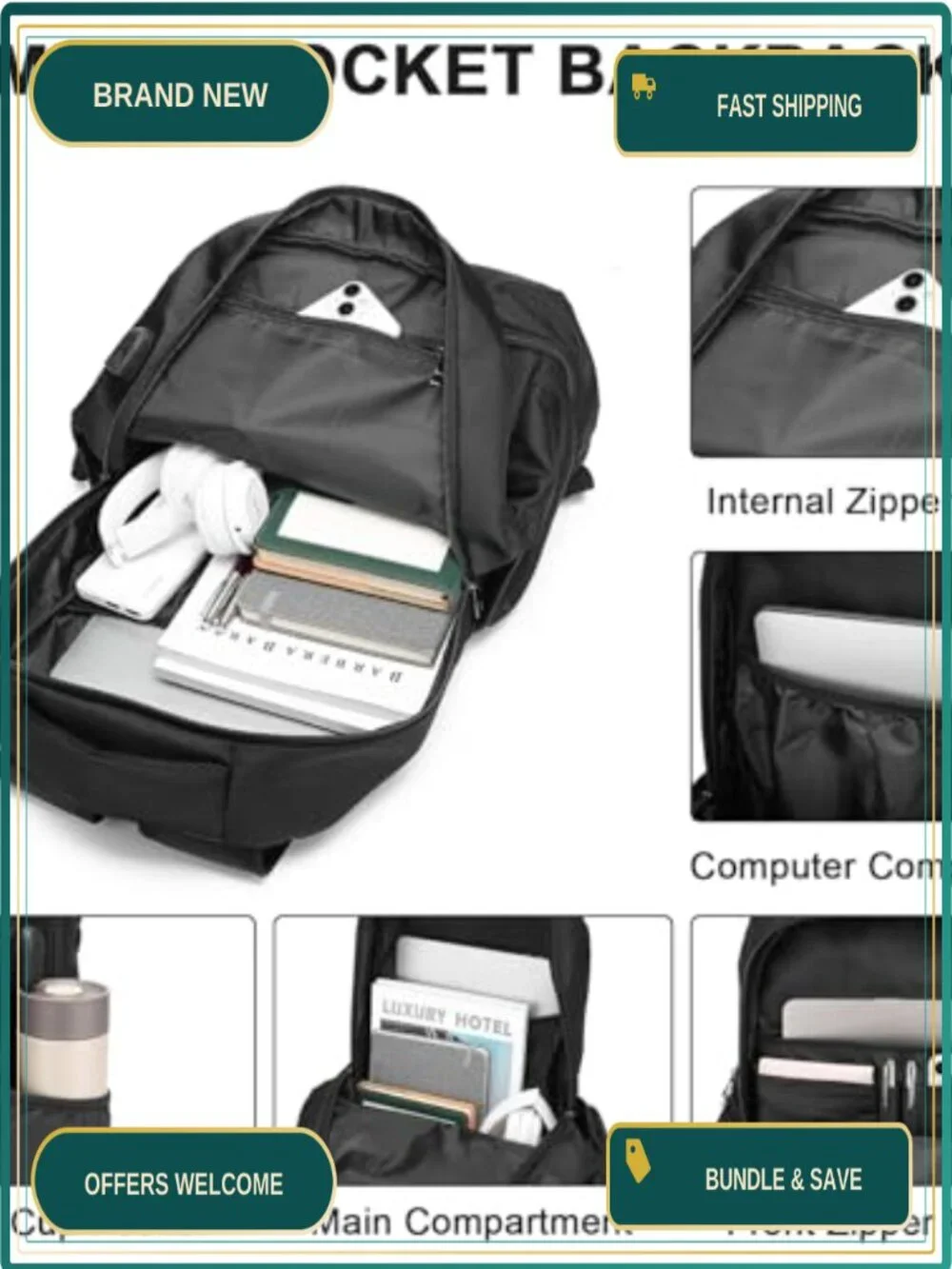 Gym Backpack with Shoe Compartment Waterproof USB Charging Travel Laptop Daypack